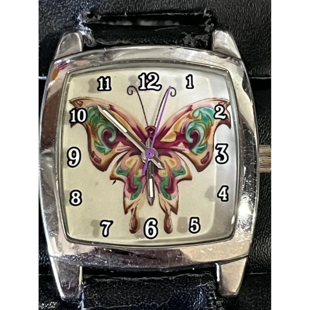 Tattoo Parlor 2006 Butterfly Cuff Watch Black Leather Y2K